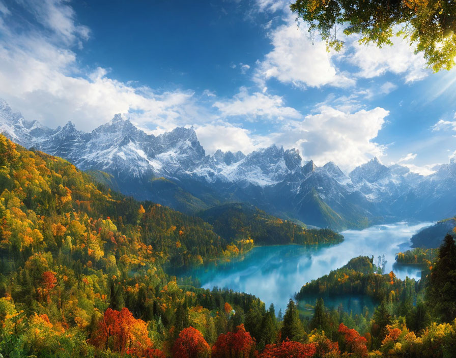 Autumn landscape: vibrant foliage, misty lake, snow-capped mountains.