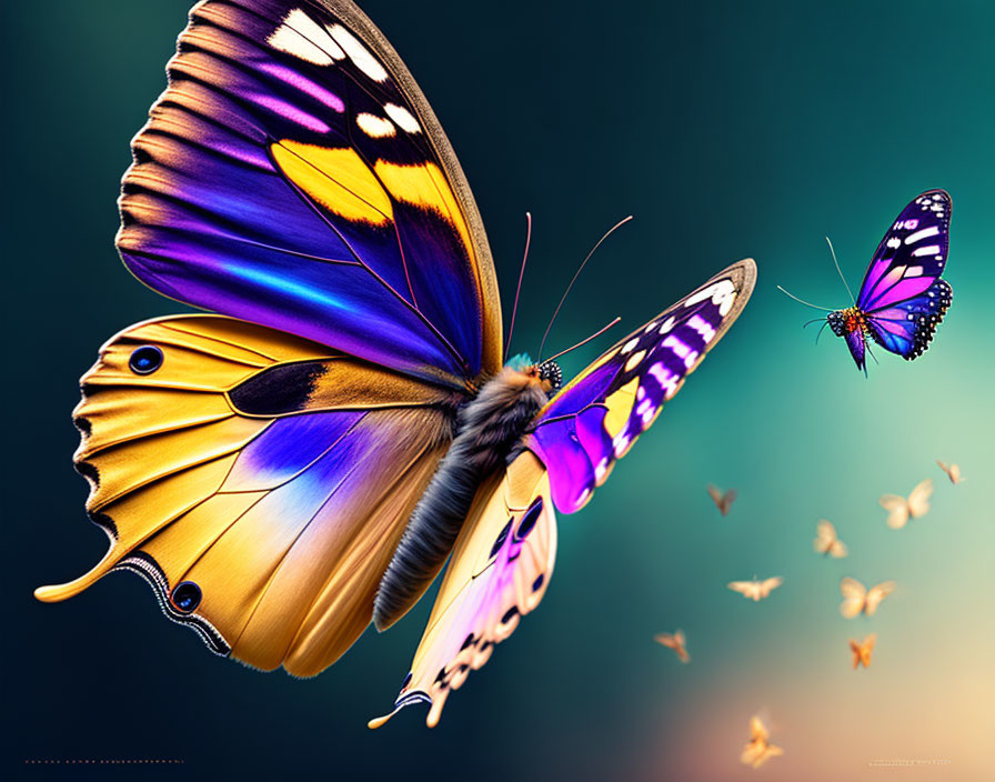 Colorful digital artwork featuring detailed butterfly against teal backdrop