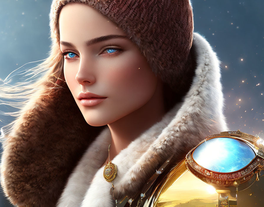 Woman with Blue Eyes in Fur Coat & Knitted Hat under Starry Sky