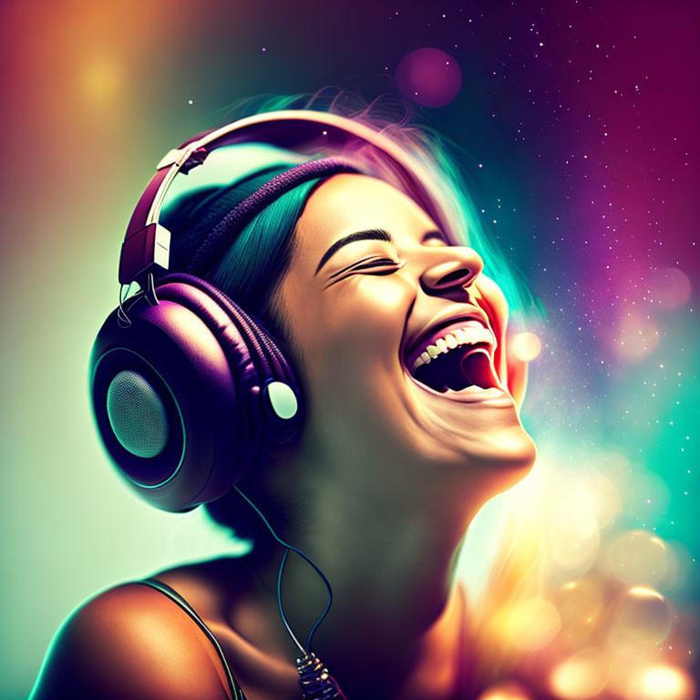 Colorful background with joyful woman and headphones symbolizing music enjoyment