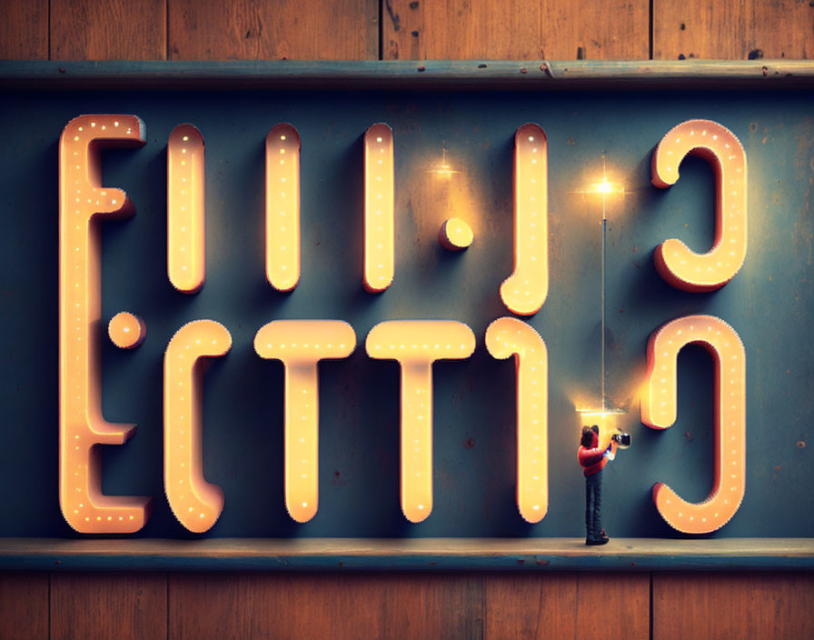 Person on ladder adjusting retro light bulb in giant illuminated "E" signboard