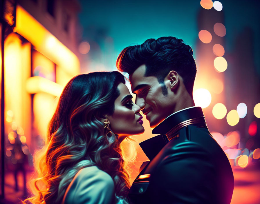 Elegant couple in romantic night scene with city bokeh.