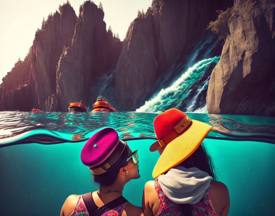 Colorfully hatted individuals by waterfall and rafts on water surface