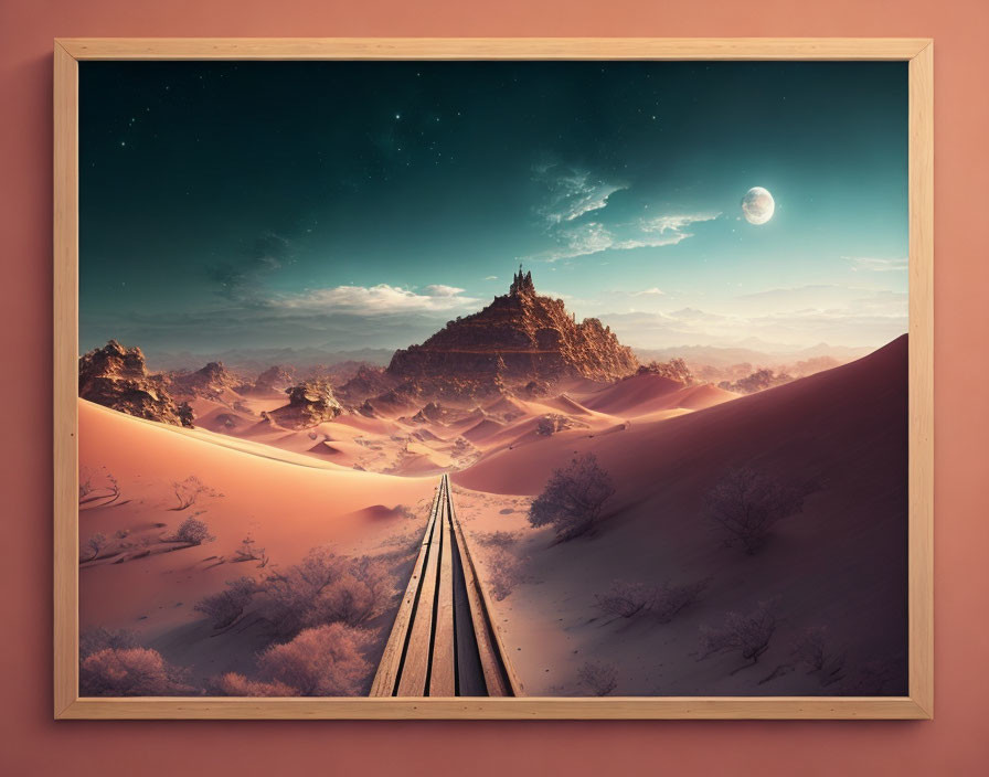 Desert landscape with railway track, castle, and starry sky.