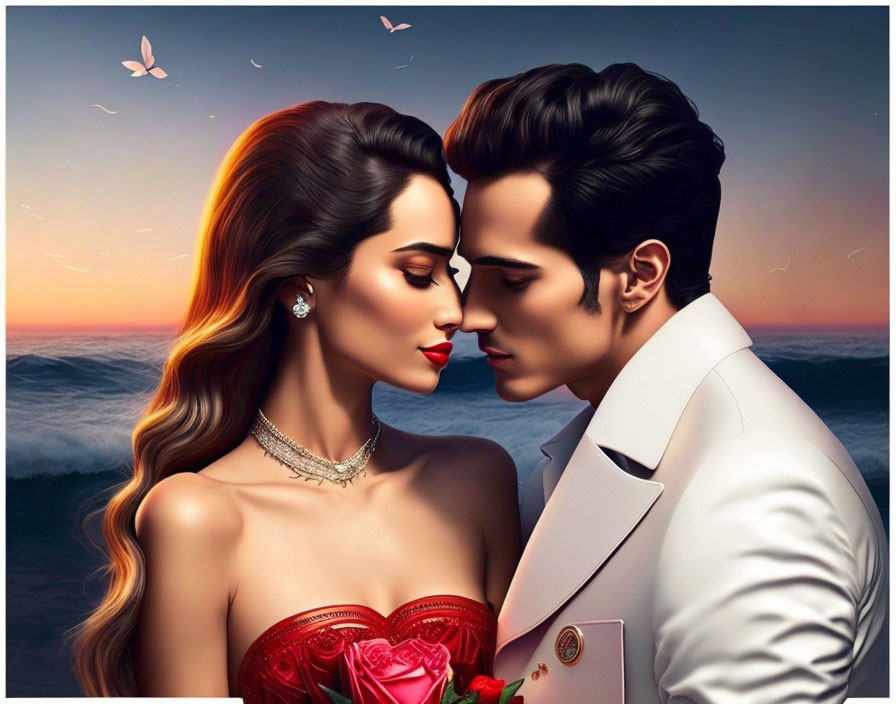 Illustrated couple in elegant attire close moment on sunset beach with fluttering butterflies