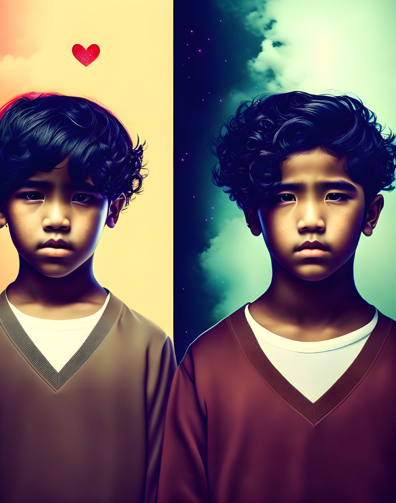 Split image of child with contrasting expressions in warm and cool colors.