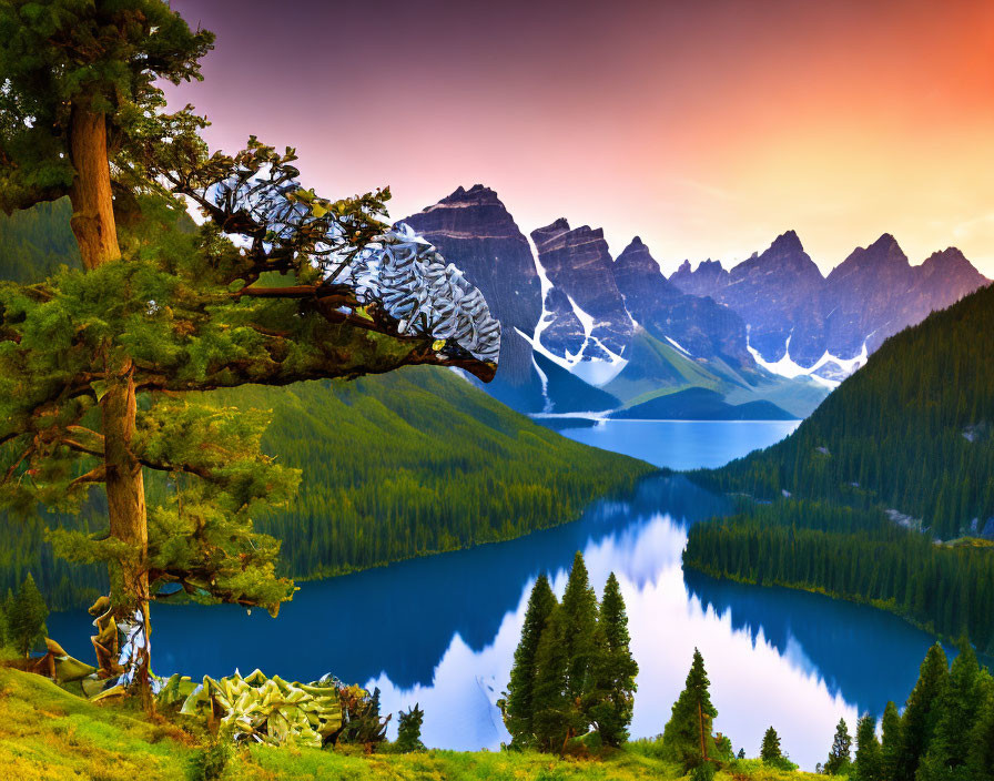 Tranquil blue lake, pine trees, snow-capped mountains, colorful sunset sky