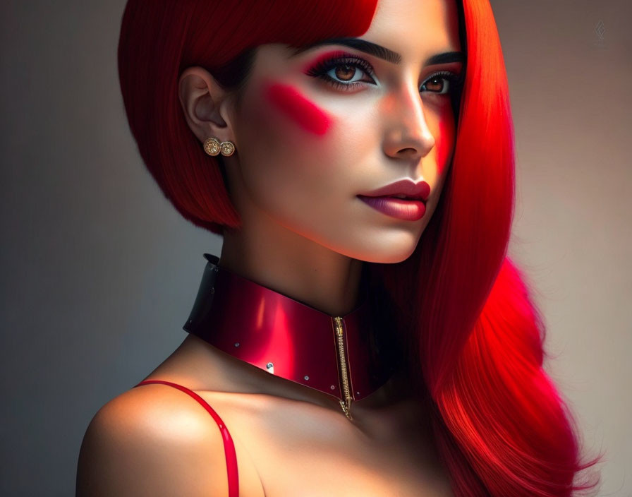 Vibrant digital artwork of a woman with red hair, bold makeup, and choker