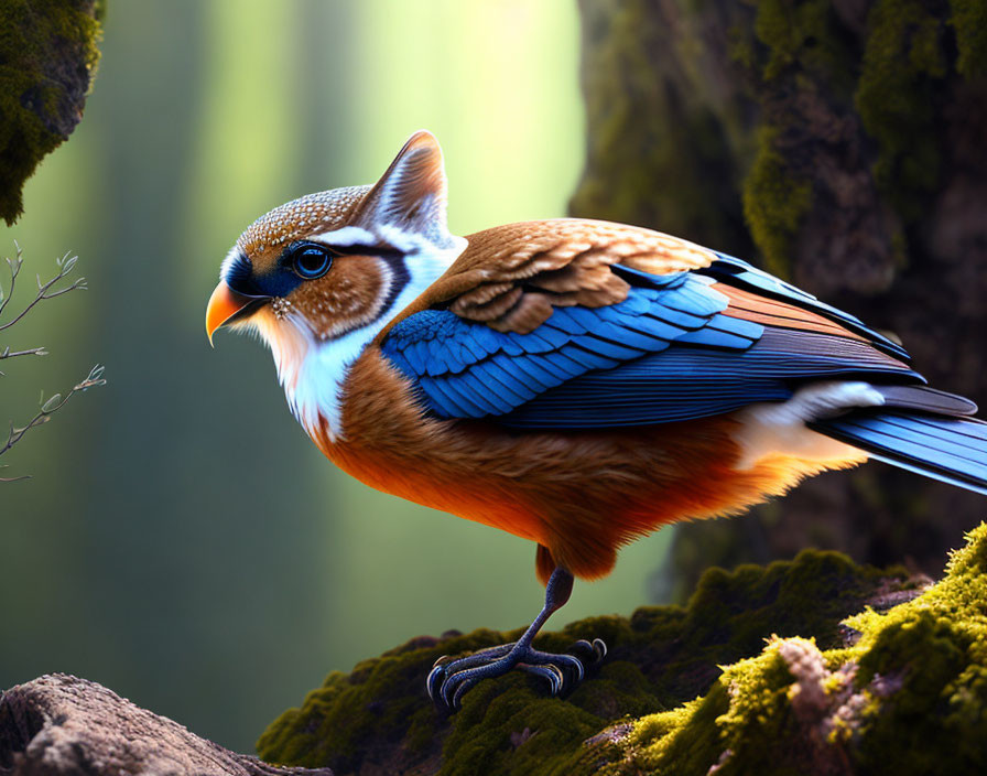 Colorful Bird with Blue and Orange Plumage on Mossy Branch in Lush Forest