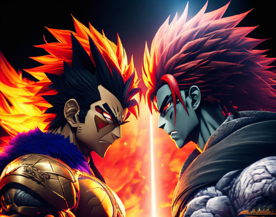 Stylized animated characters in intense face-off with fiery auras on dark background