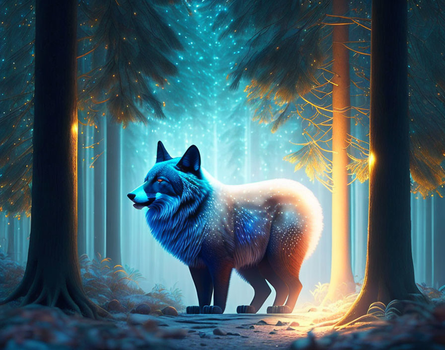 Mystical blue wolf in enchanting forest with starry fur