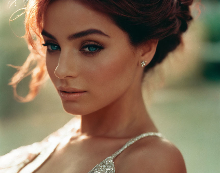 Close-up portrait of woman with green eyes and sequined dress