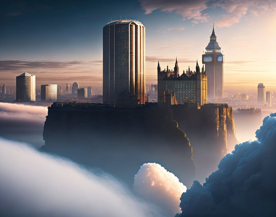 London landmarks on cliff in surreal sunset scene