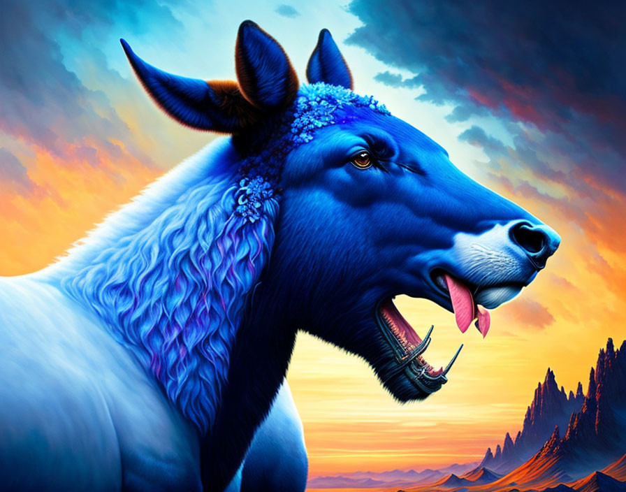 Blue fantasy wolf with knitted hat in surreal sunset sky