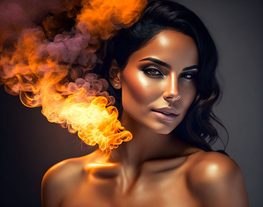 Striking woman with glowing makeup and colorful smoke in hair