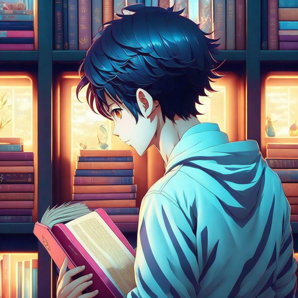 Dark-Haired Male Character Reading Book in Cozy Room