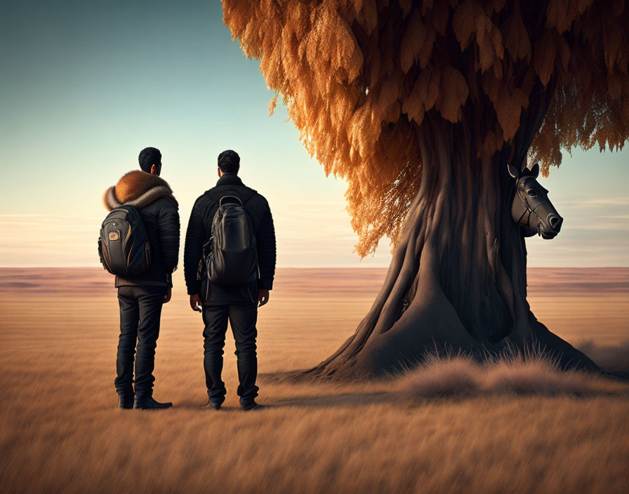 Two People with Backpacks and Horse Under Large Tree in Grassy Plain