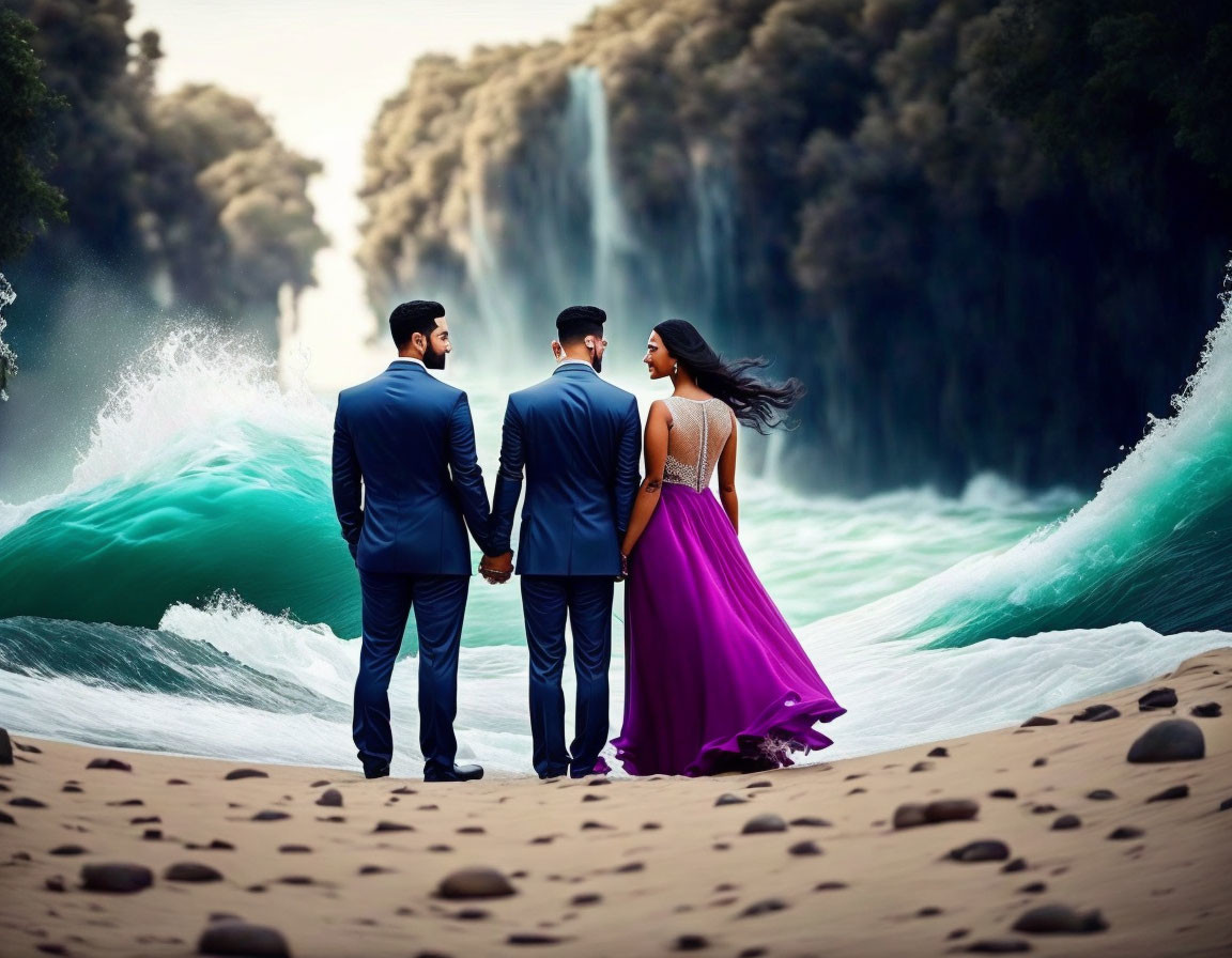 Three people in formal attire on beach with waterfall and waves.