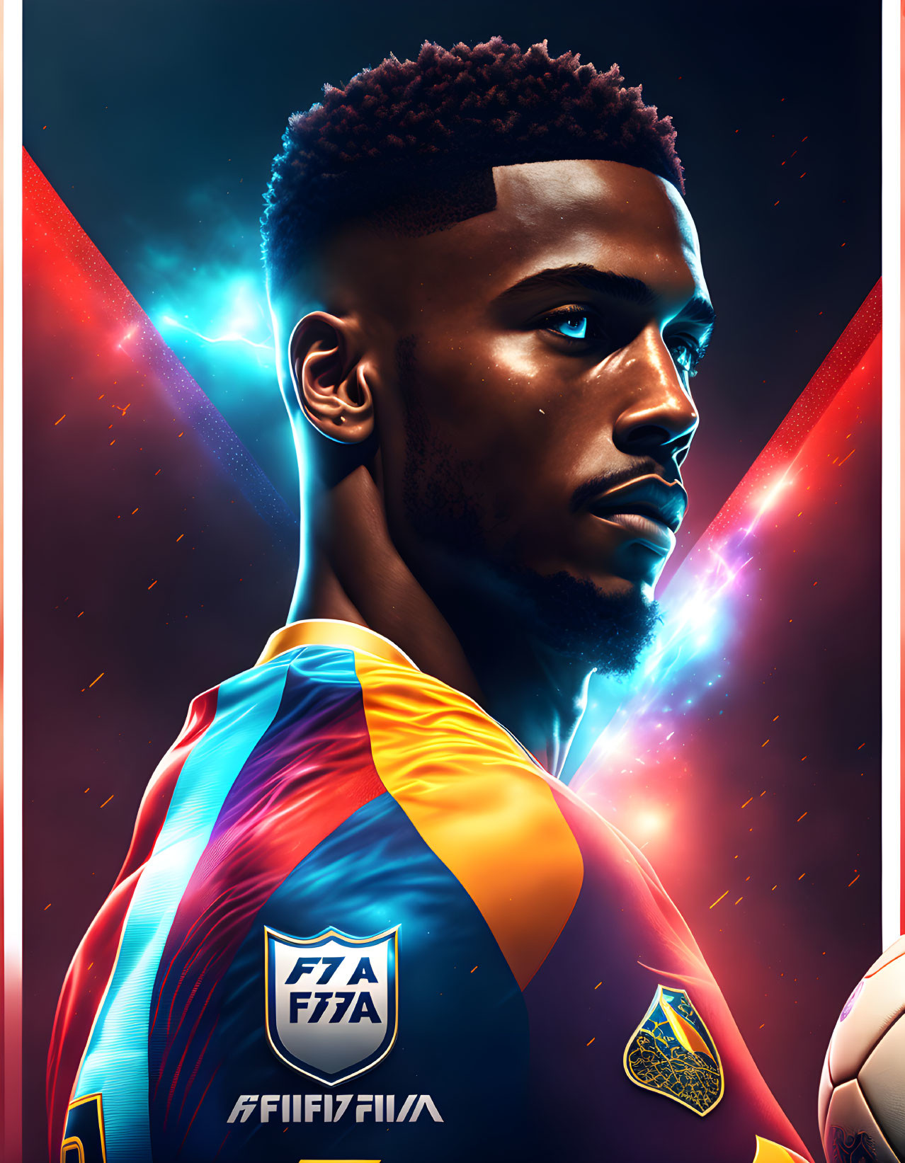 Male soccer player illustration in vibrant jersey with ball on dynamic blue and red background.