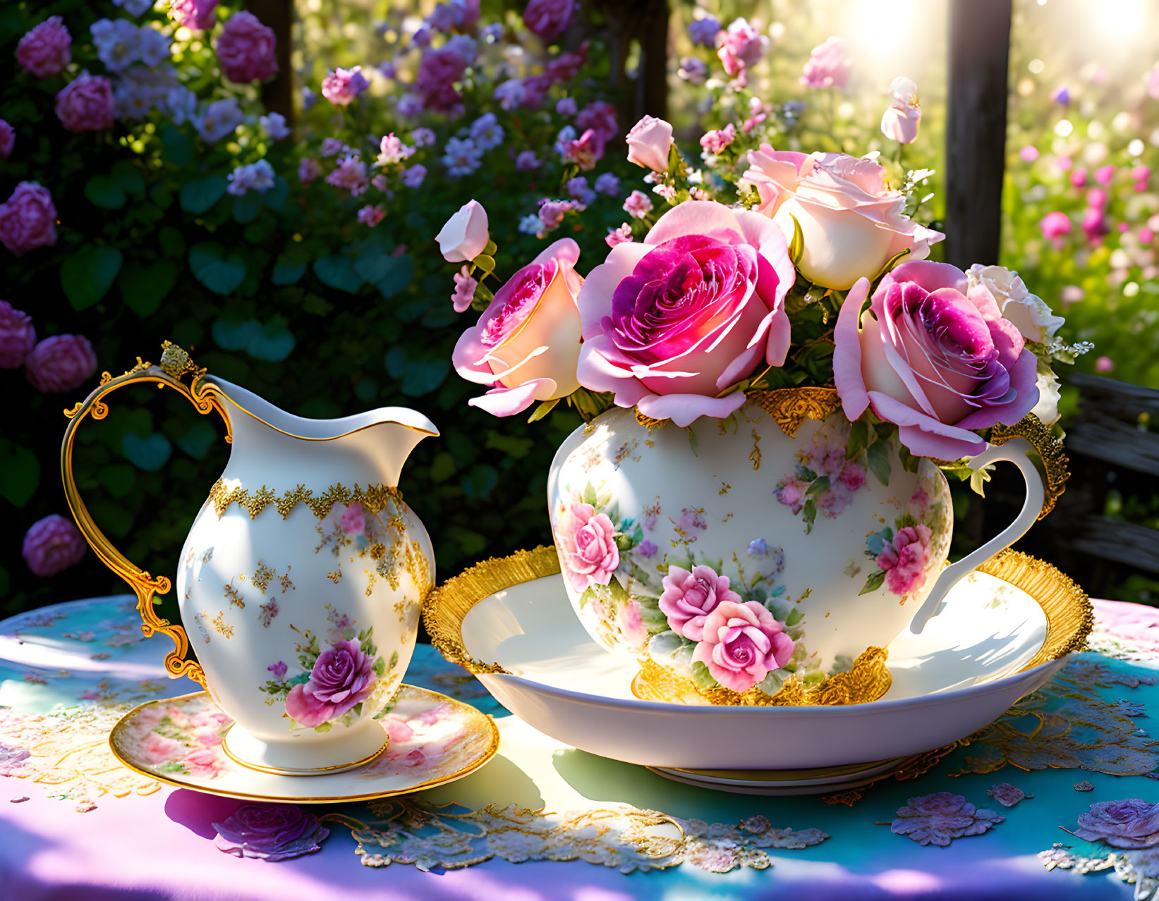 Vintage Teapot and Cup with Roses on Floral Tablecloth amid Greenery