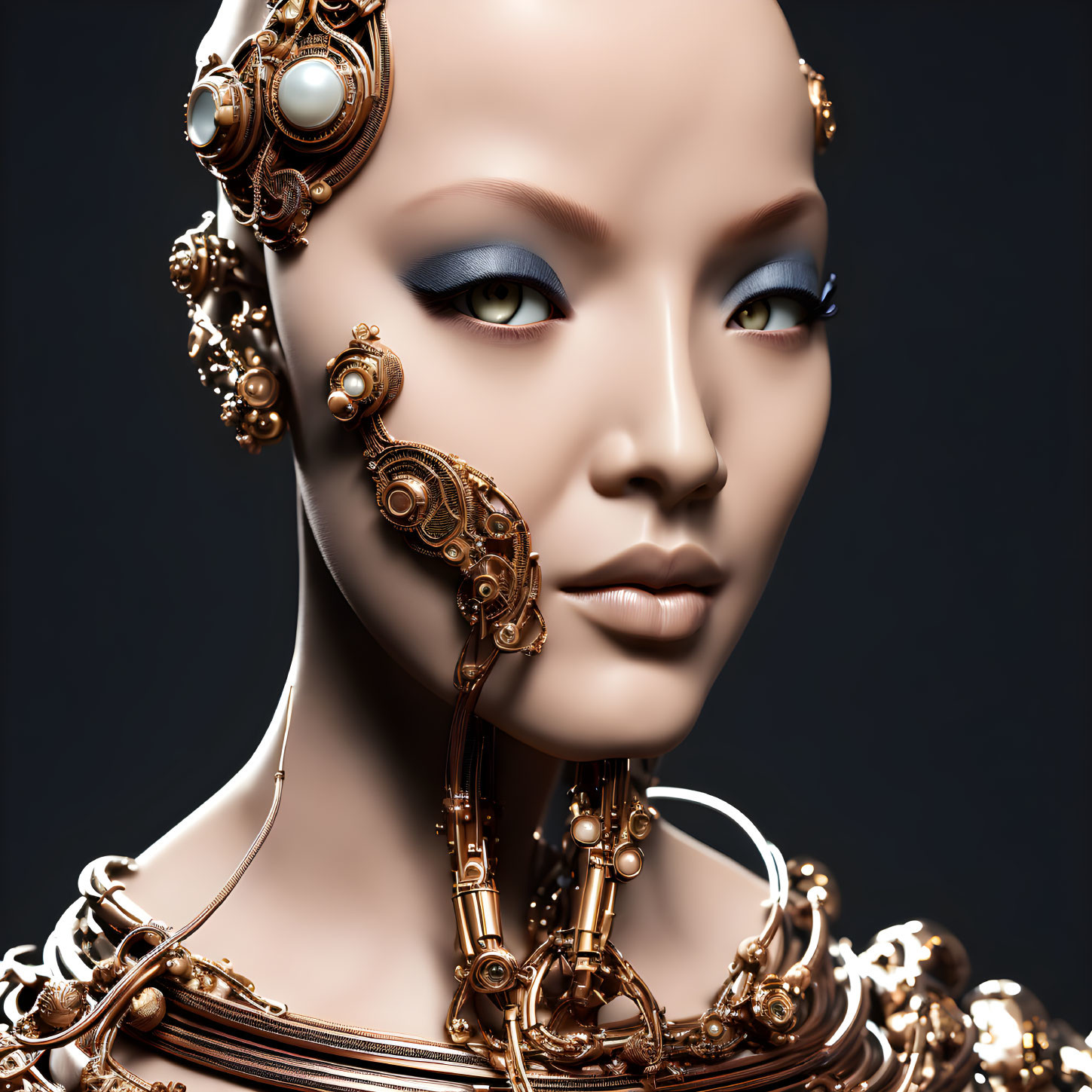 Female android with ornate golden jewelry in 3D rendering