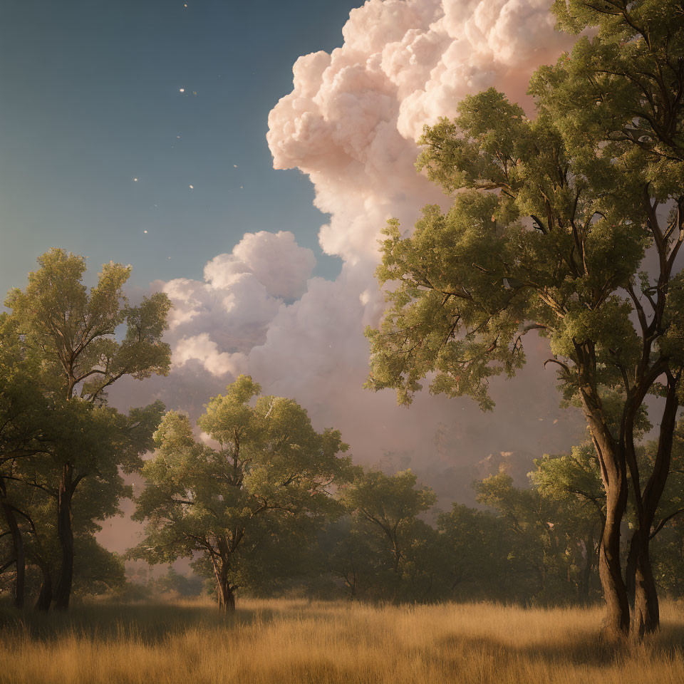 Tranquil landscape with tall trees, meadow, and dramatic sky