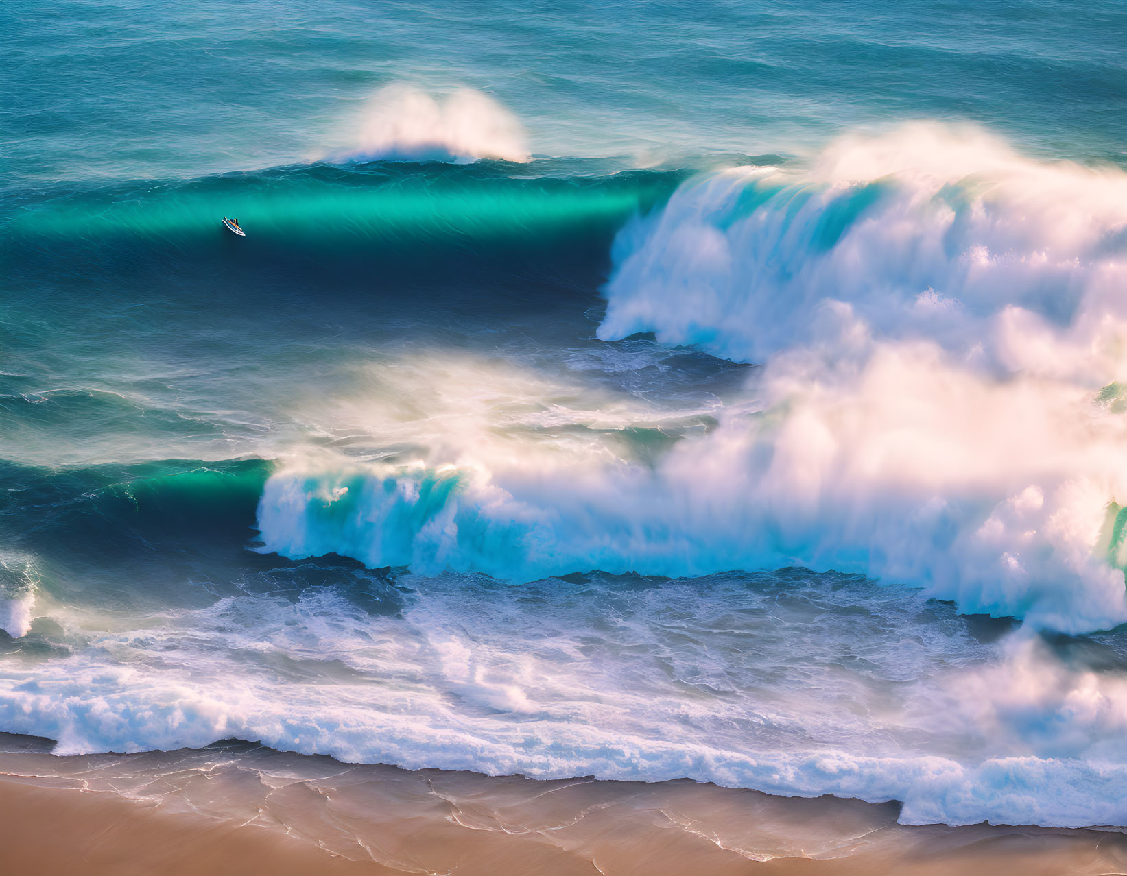 Turquoise Sea with White Waves and Surfer on Sandy Beach