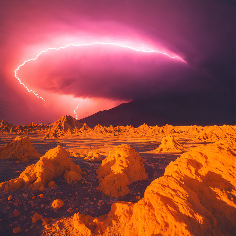 Stormy Sky Landscape with Lightning Bolt and Dark Mountain