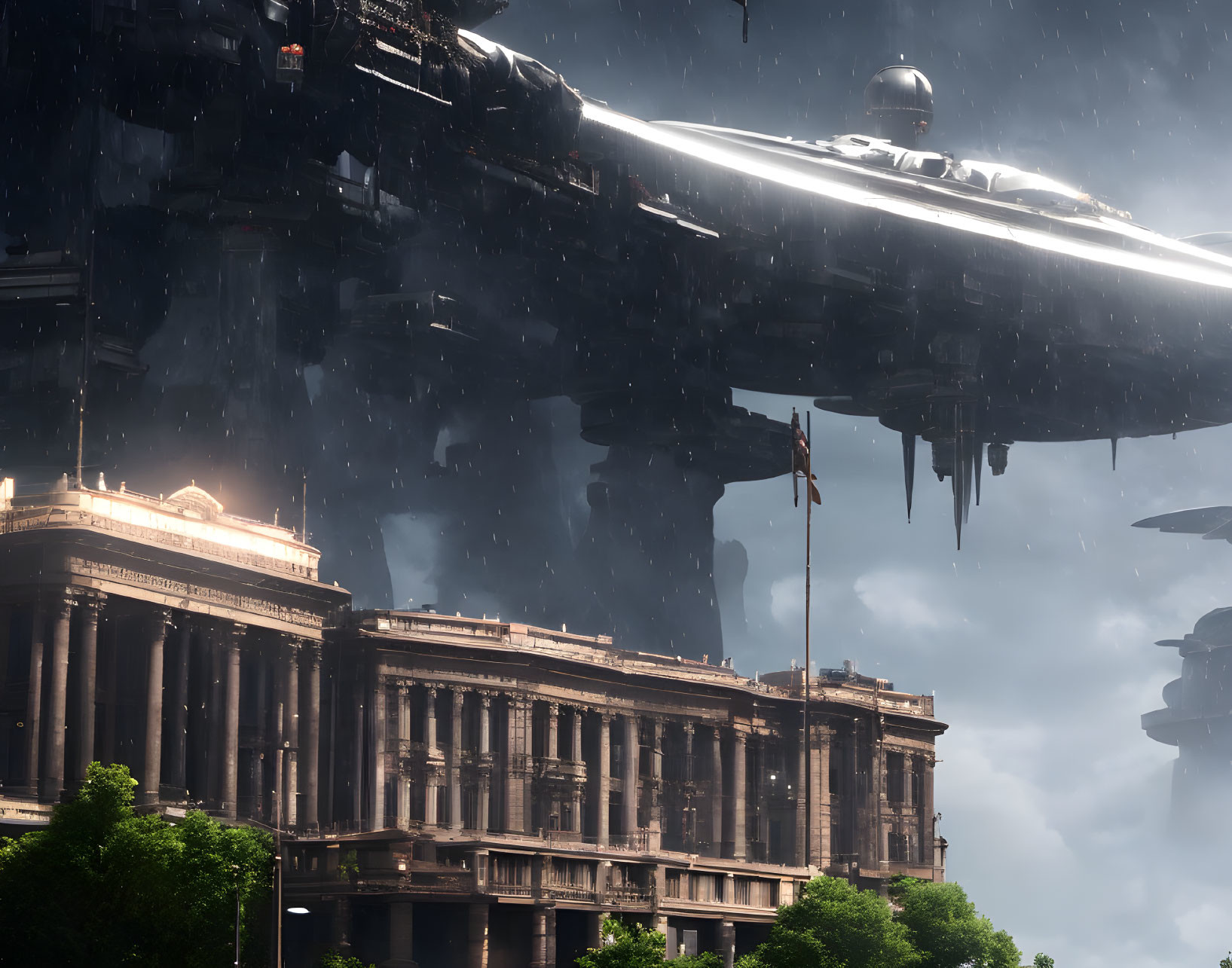 Giant spaceship over classical building in rainy cityscape