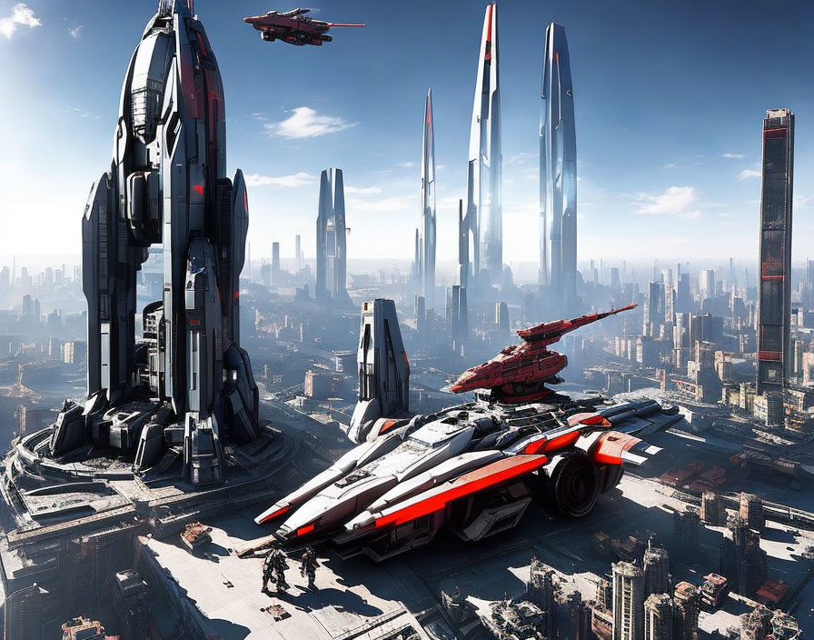 Futuristic cityscape with skyscrapers and spacecrafts in a sprawling port