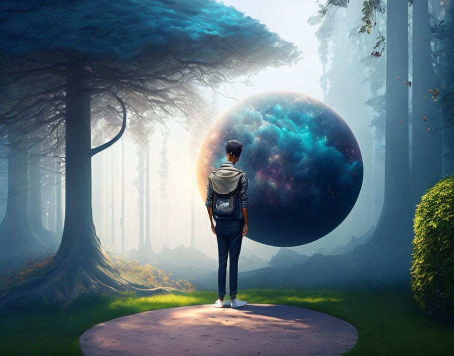 Person Contemplating Cosmic Sphere in Forest Clearing