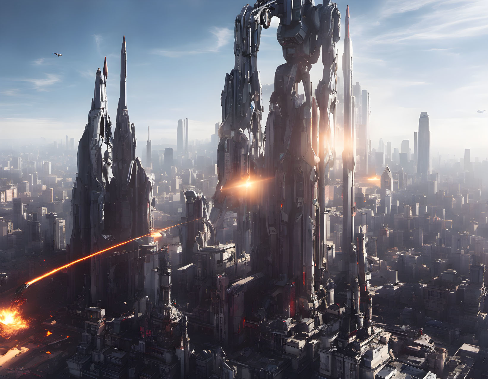 Futuristic cityscape with skyscrapers, giant robot, and light beams