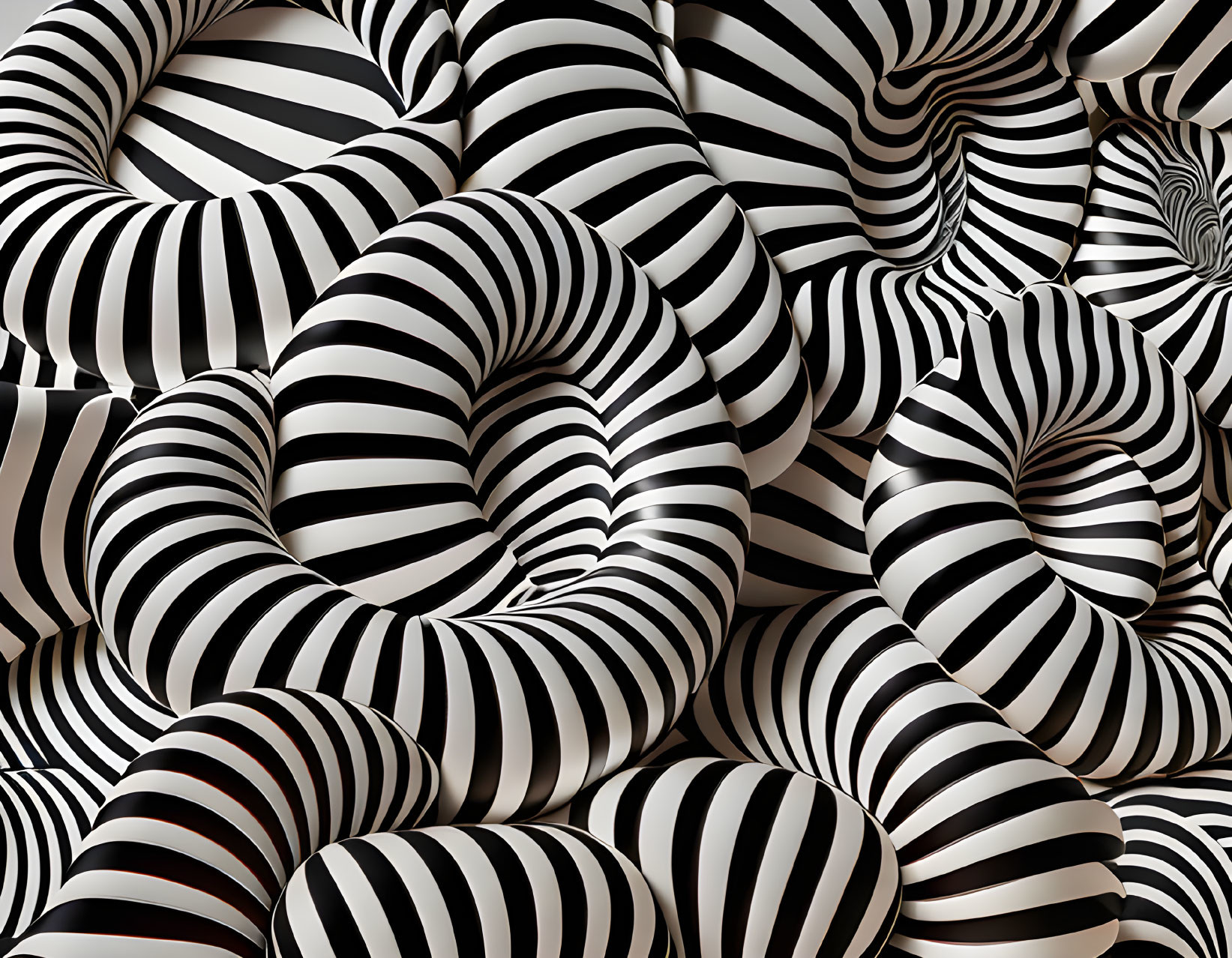 Abstract black and white striped optical illusion shapes.