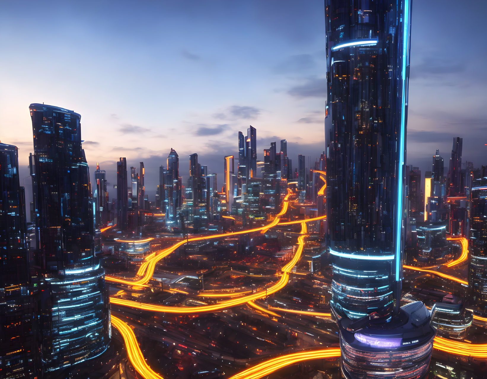 Night cityscape with illuminated skyscrapers and highway lights.