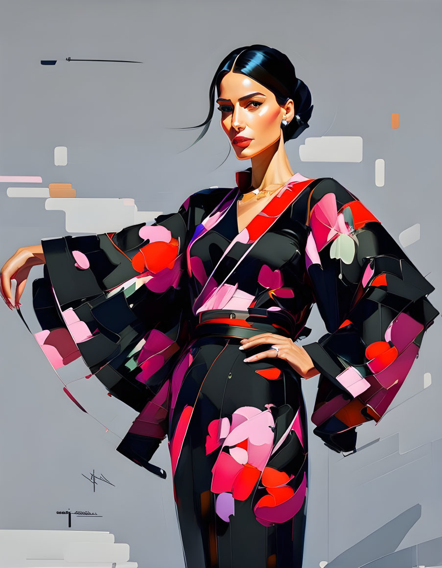 Digital illustration of woman in floral kimono on gray background