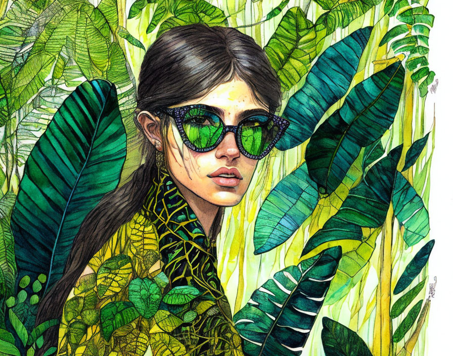 Woman with Sunglasses Surrounded by Green Foliage Illustration