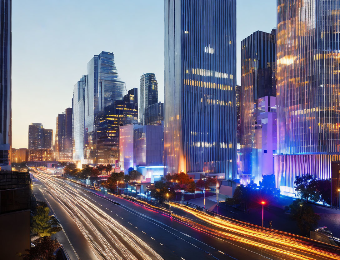 Nighttime cityscape with glowing skyscrapers and traffic light trails