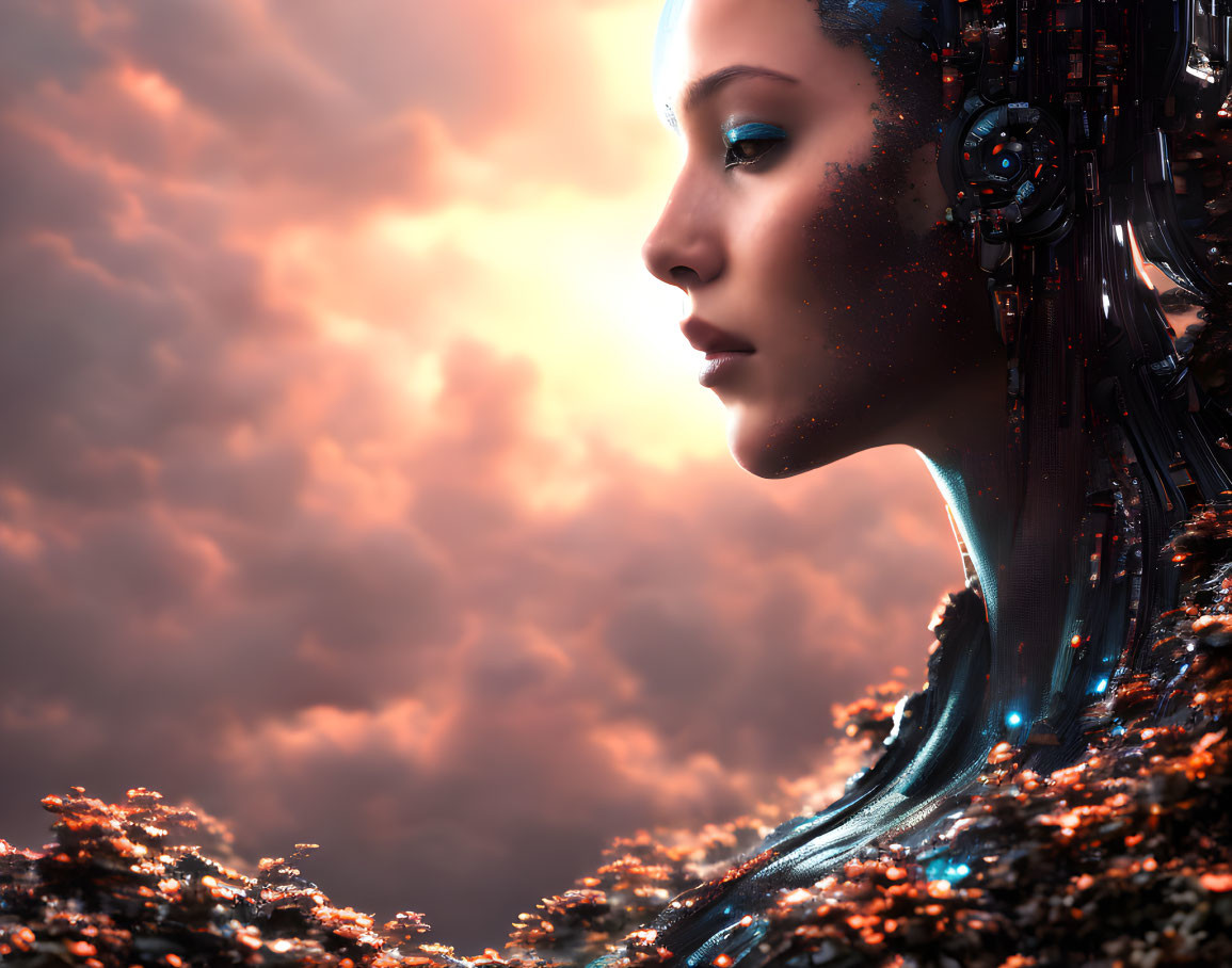 Female Android with Half-Human, Half-Robot Face in Sunset Scene