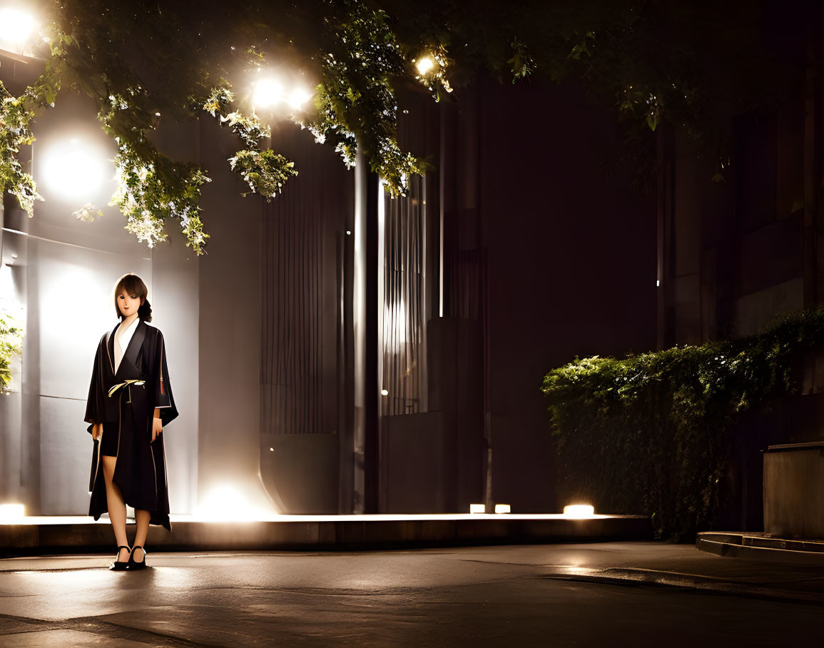 Traditional Attire Person on Dimly Lit Street at Night