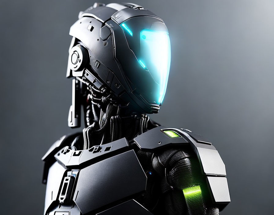 Futuristic black robot with blue visor and intricate details