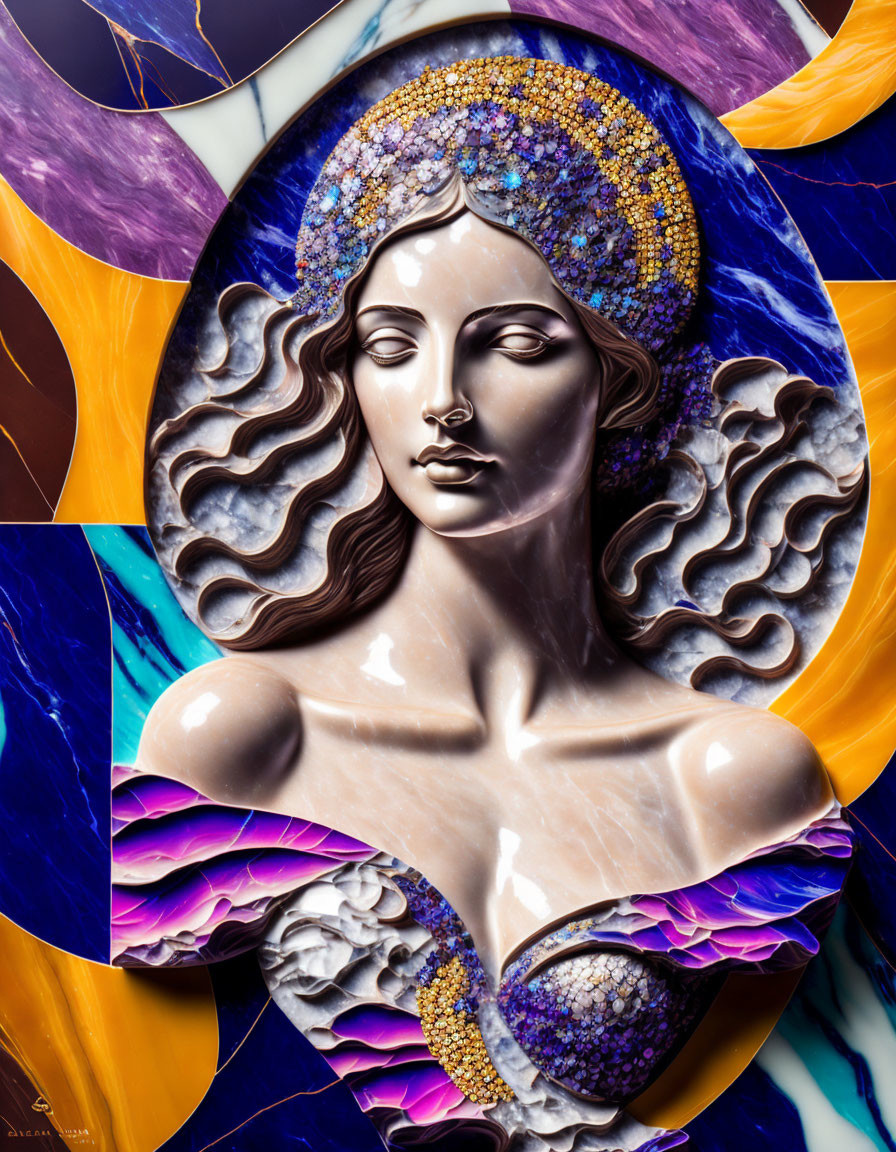 Woman with flowing hair and mosaic headpiece in abstract purple and blue frame