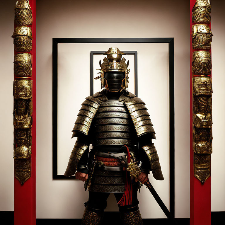 Traditional Japanese Samurai Armor with Kabuto Helmet and Katana Between Red and Gold Pillars