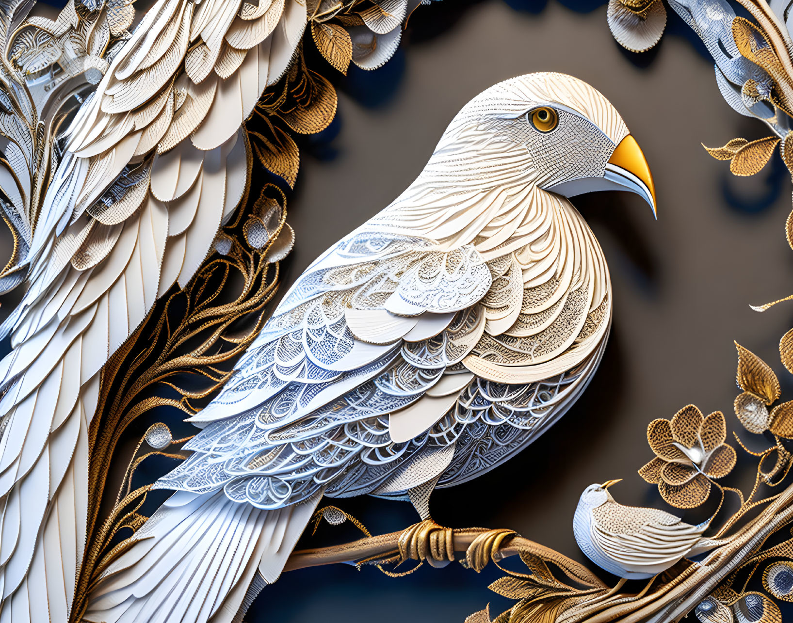 Detailed white bird paper art on golden branch with floral patterns