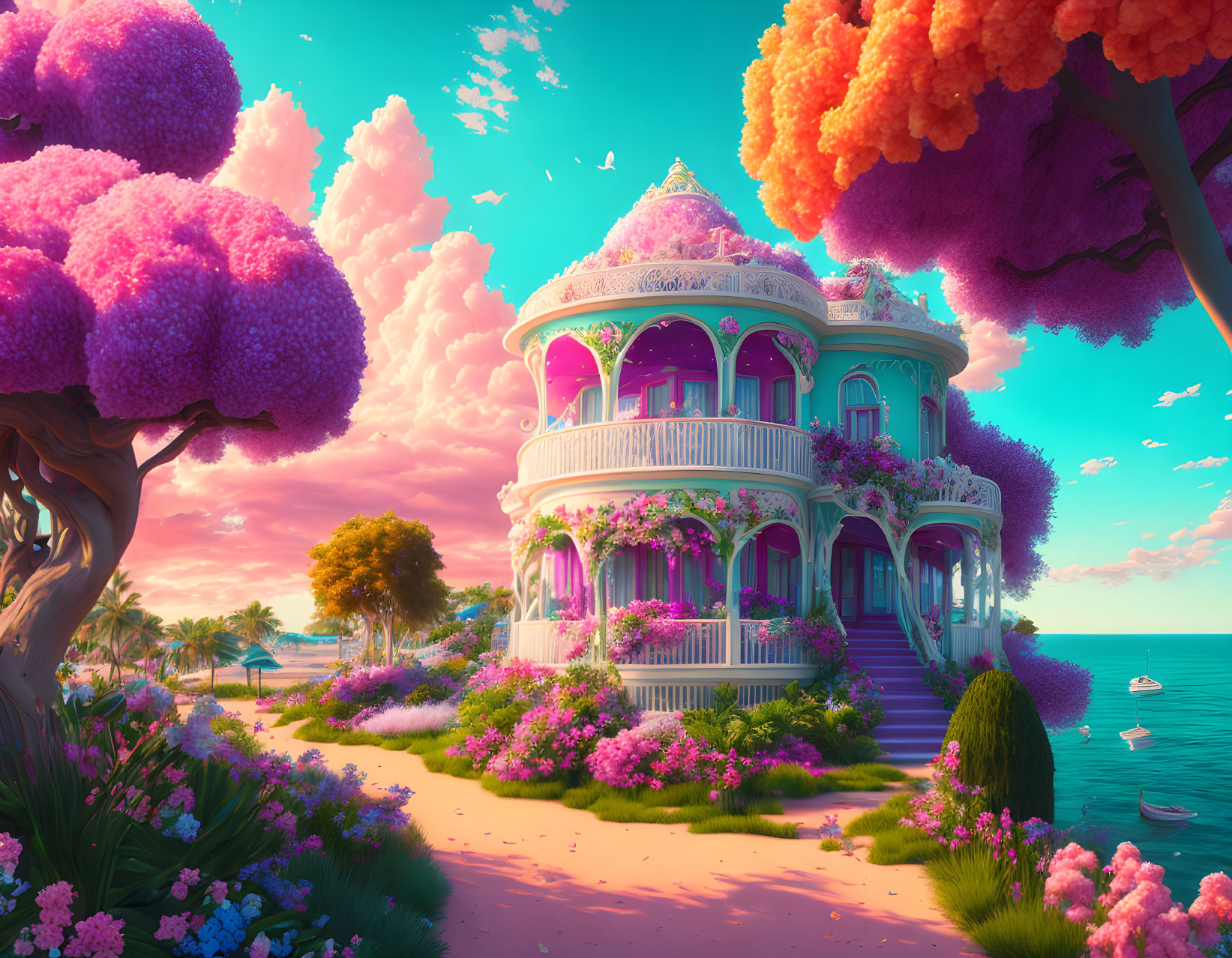 Colorful fantasy landscape with pink Victorian house, purple trees, pastel sky, and serene beach boats