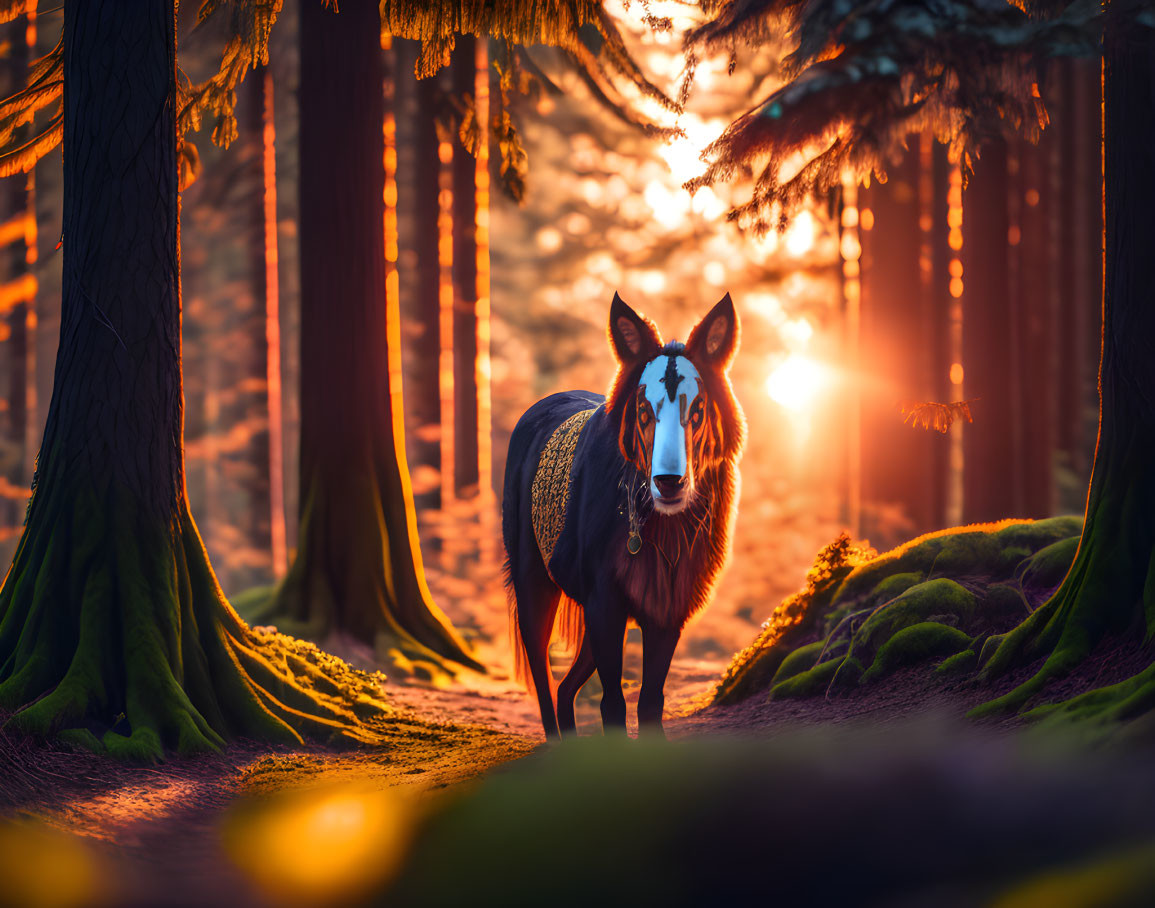 Mystical forest sunset with horse in golden light