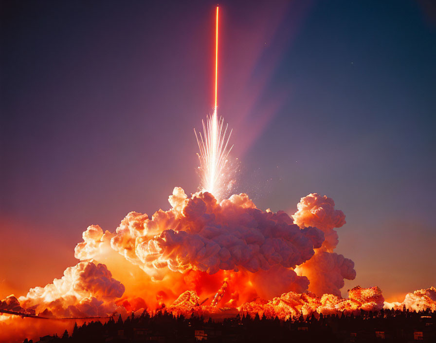 Vivid red beam and fiery explosion against dusky blue sky