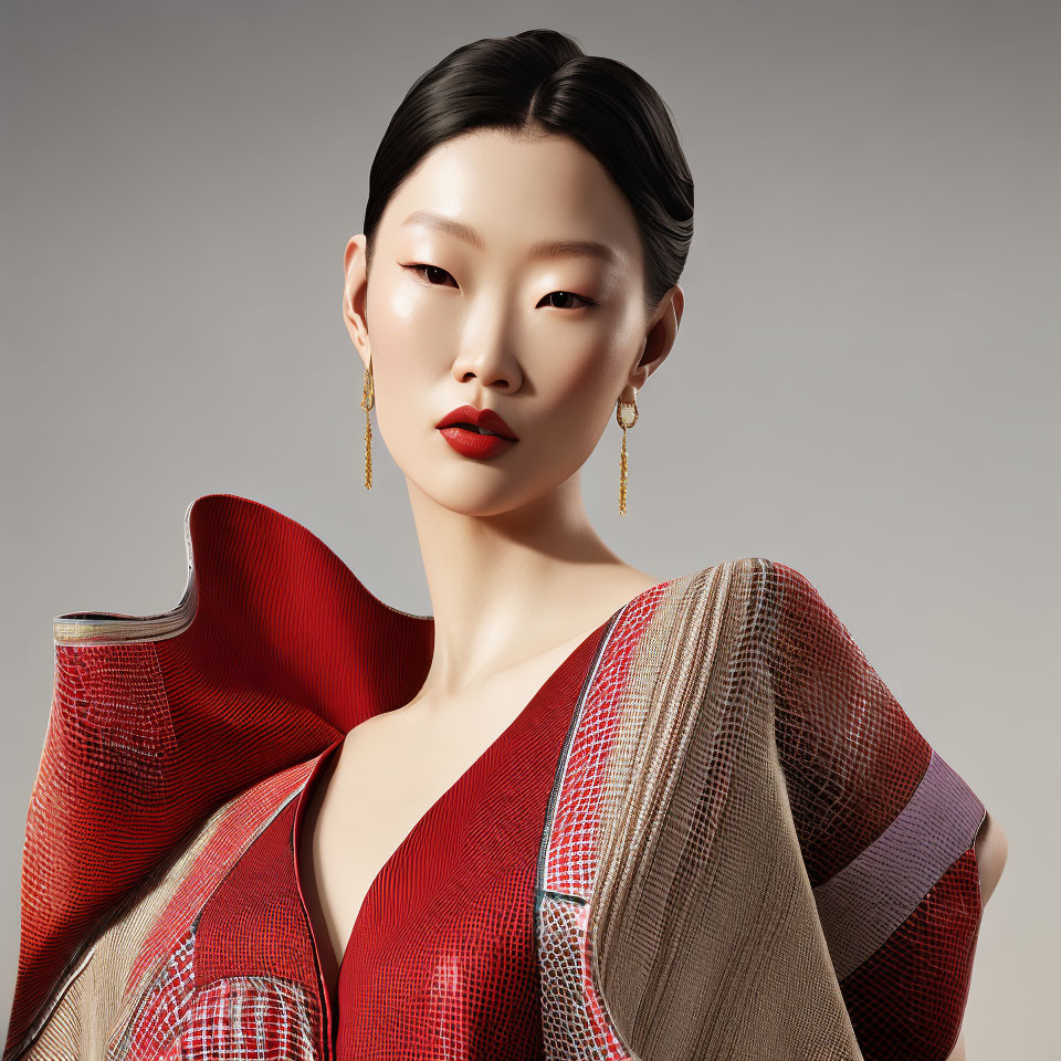 Woman in Striking Makeup and Red Attire with Textured Shawl and Elegant Earrings