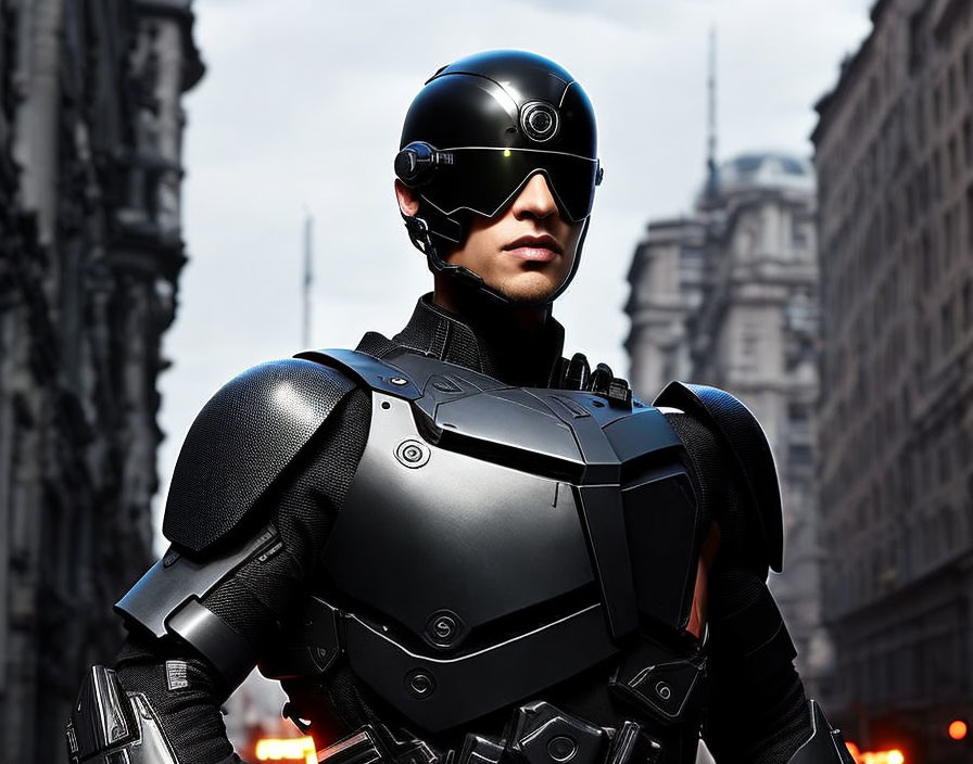 Futuristic person in black armor suit and helmet in urban setting