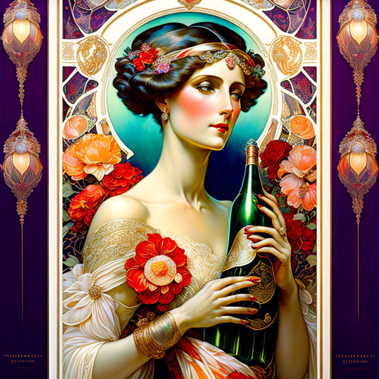 Art Nouveau Woman with Flowers and Champagne Bottle in Ornate Decorative Setting