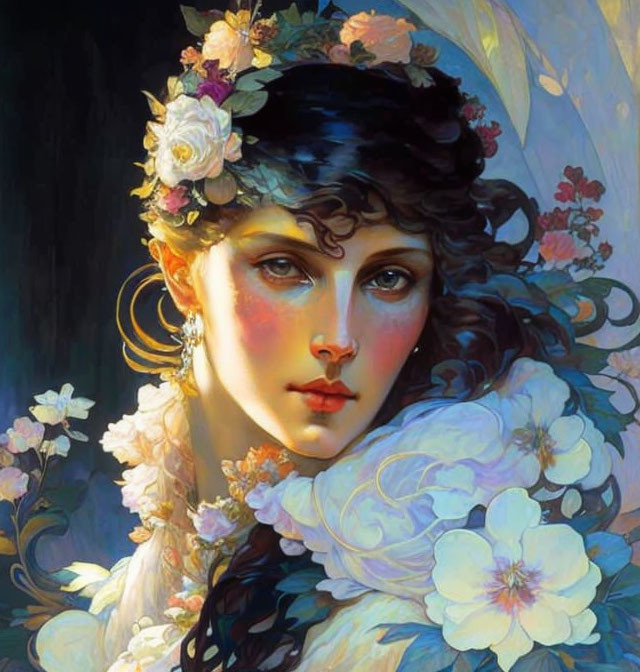 Portrait of Woman with Flower Adornments and Intense Gaze